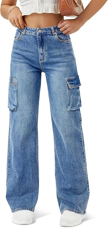 Women High Waisted Cargo Jean for Women with 6 Pockets Straight Wide Leg Jean Casual Baggy Pants | Amazon (US)