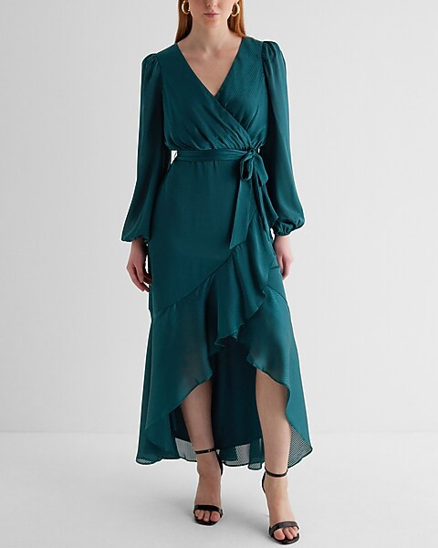 Satin Striped Surplice Ruffle Hi-Lo Maxi Dress | Express