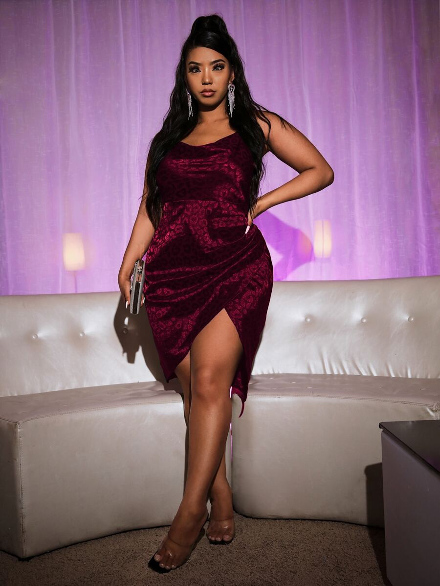 Plus Satin Ruched Wrap Hem Cami Dress | SHEIN
