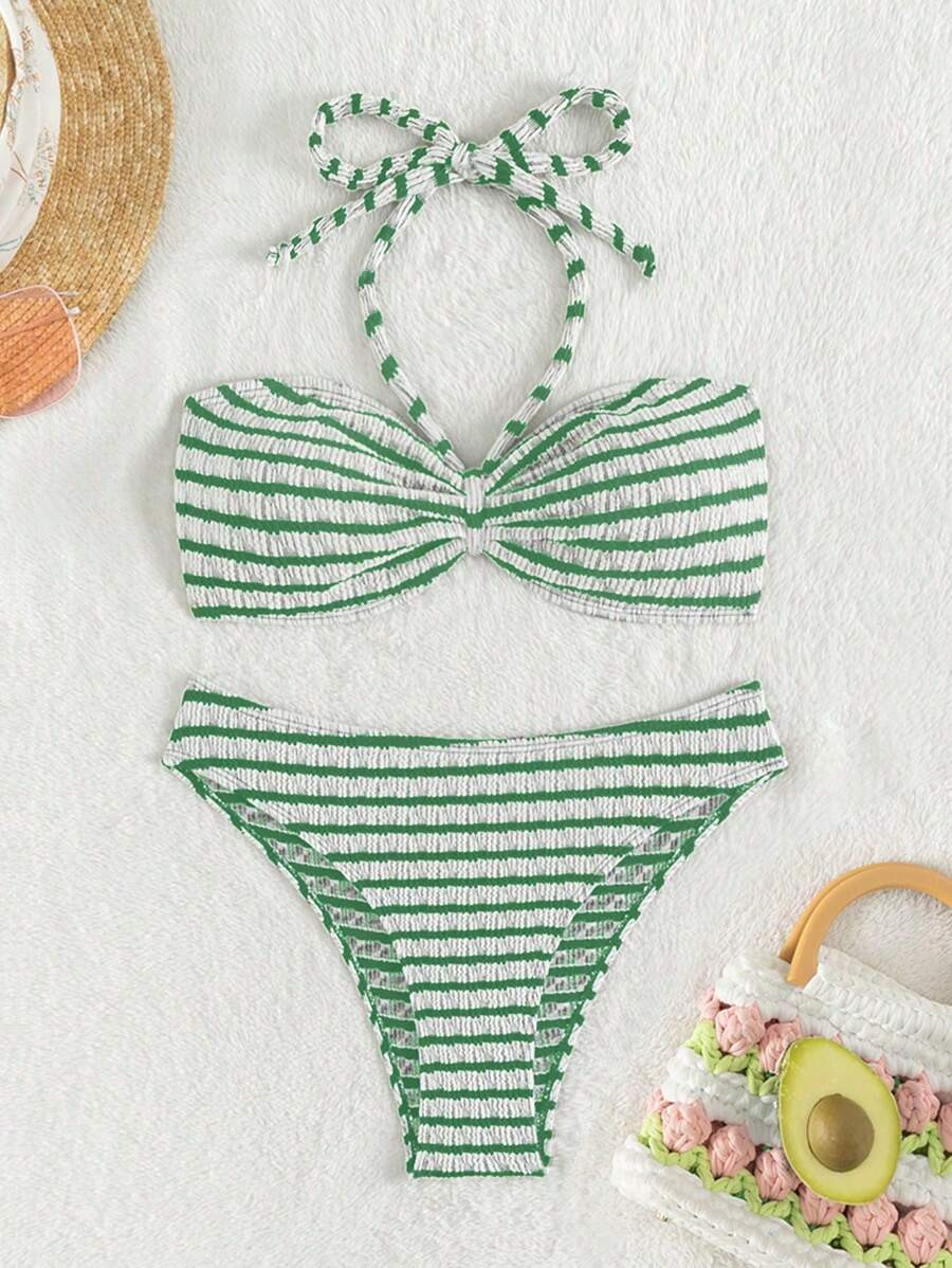 SHEIN Swim Summer Beach Women's Striped Halter Neck Two Pieces Bikini Set Carnival | SHEIN
