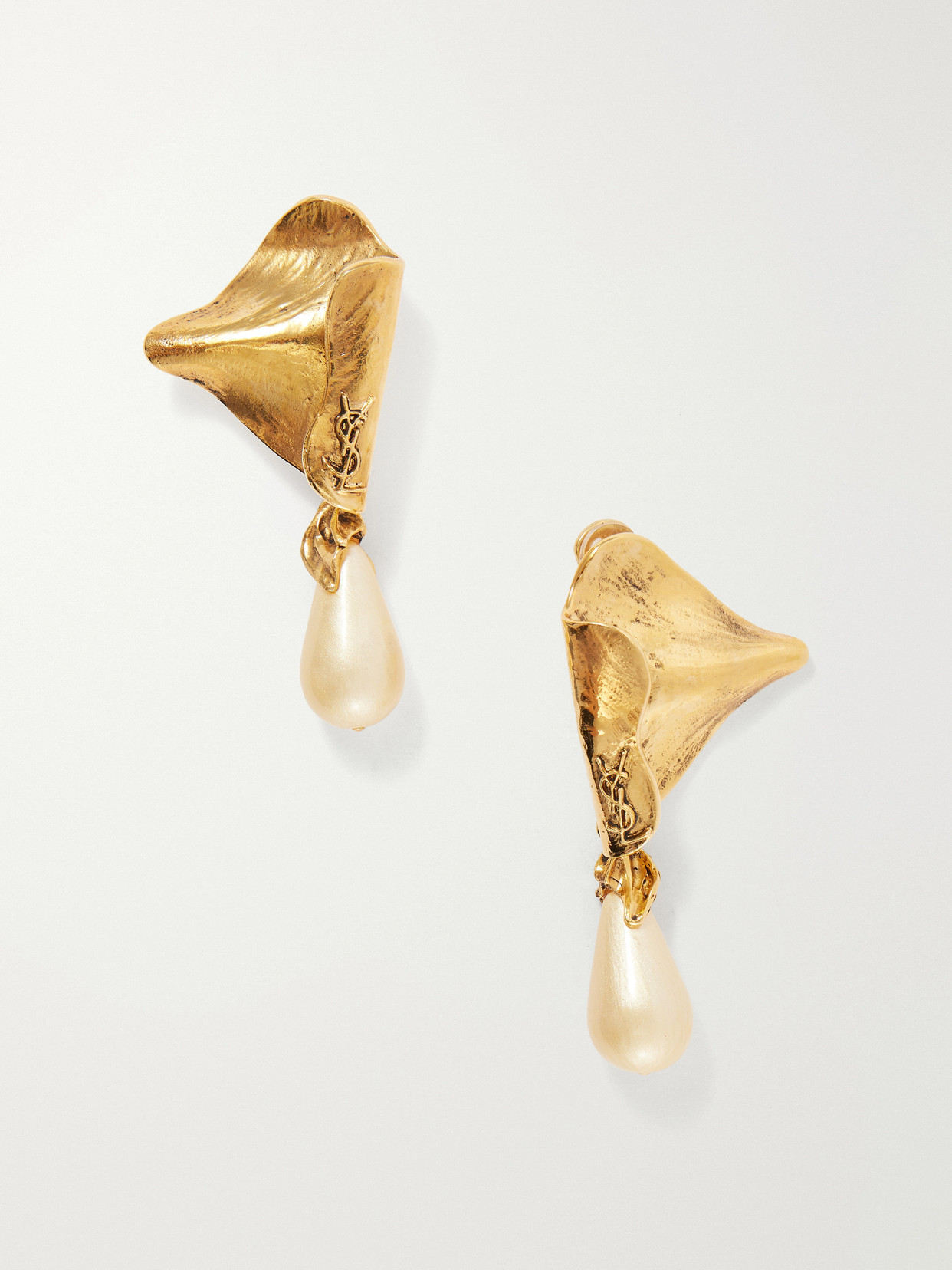 SAINT LAURENT - Feuilles Gold-tone And Pearl-effect Resin Earrings - One size | NET-A-PORTER (US)