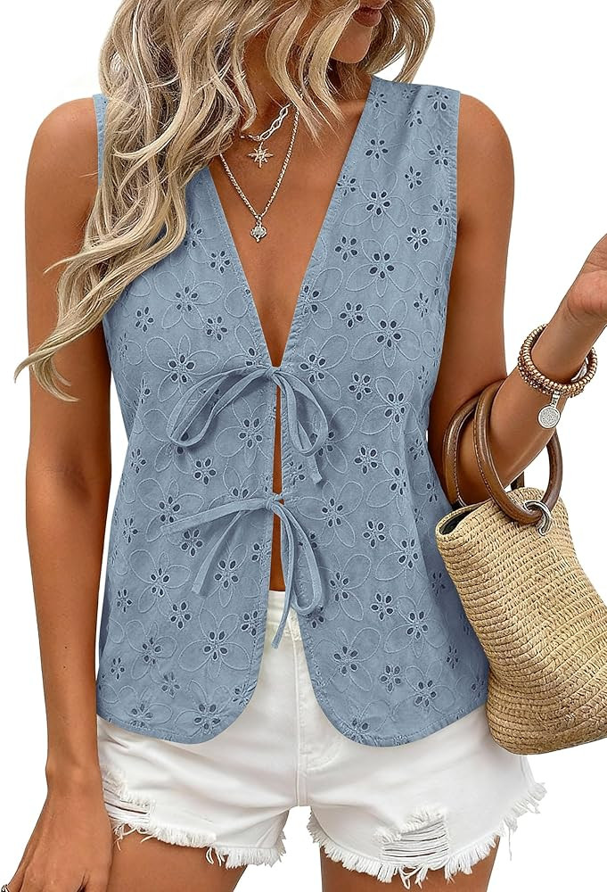PRETTYGARDEN Women 2026 Summer Tie Front Eyelet Tank Tops Trendy Floral Vest Sleeveless V Neck Dr... | Amazon (US)