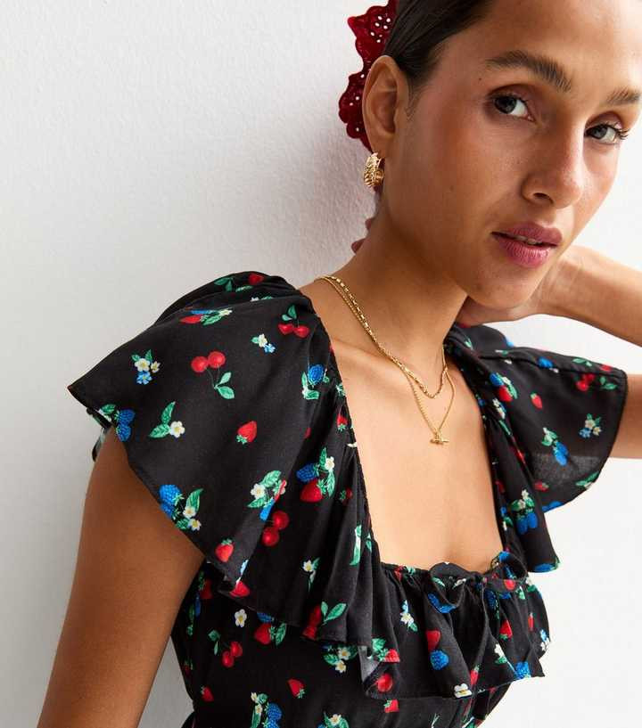 Black Fruit and Floral Print Square Neck Midi Dress | New Look | New Look (UK)