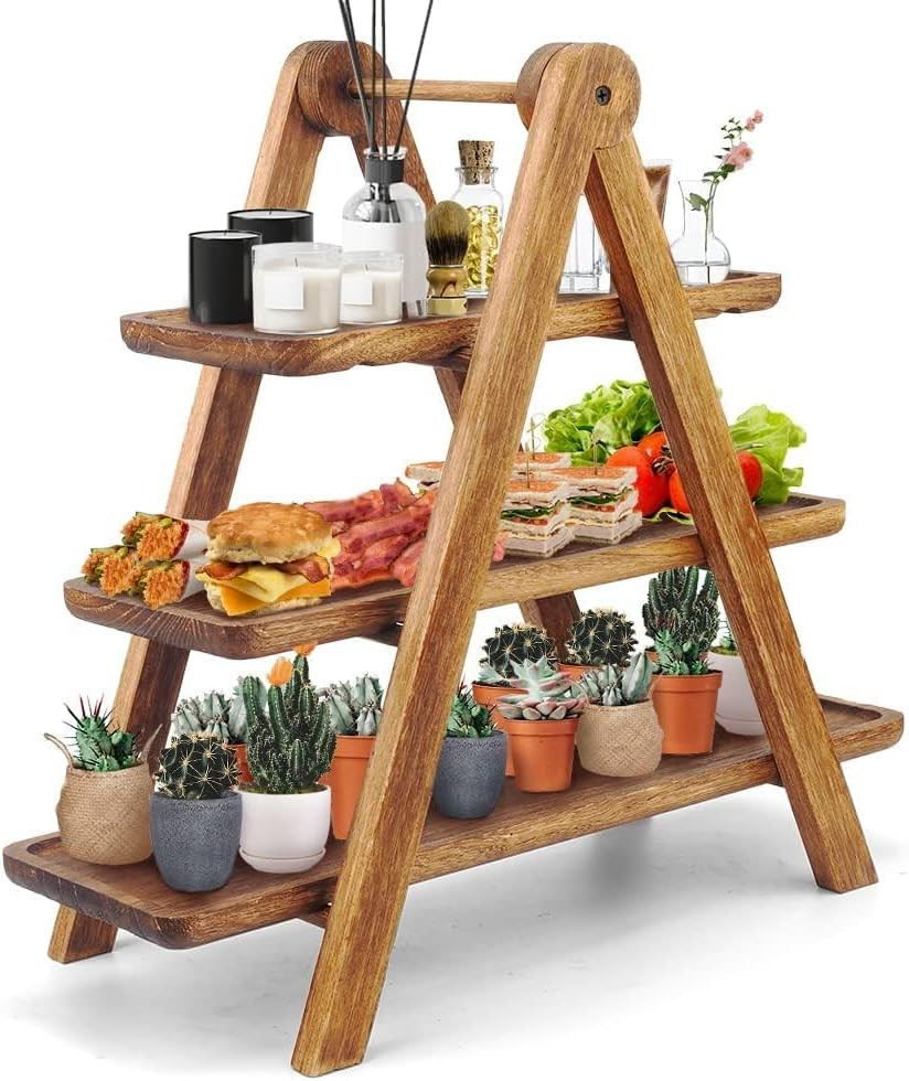 Manspdier Wood 3 Tier Serving Tray Three Tiered Cupcake Stand, Rectangle Serving Platter Wooden Farmhouse, Party Serving Brown Decorative Tray Decor | Amazon (US)