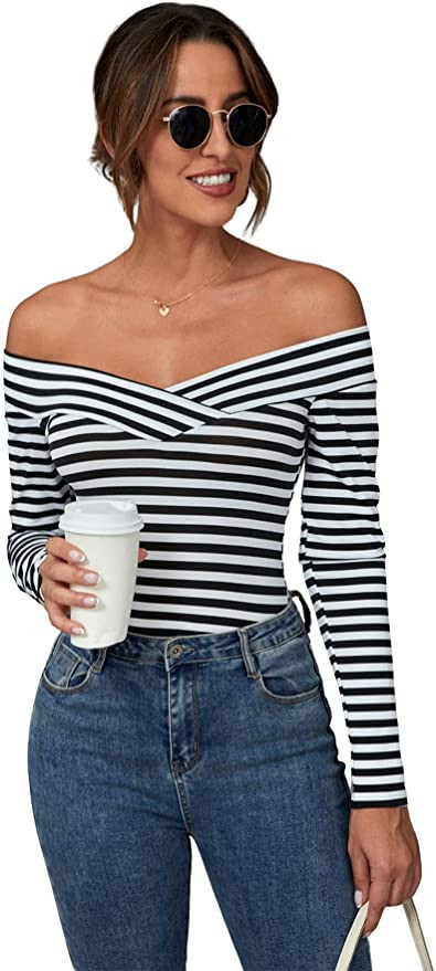 SheIn Women's Sexy Off Shoulder Long Sleeve T-Shirt Cross Wrap Ribbed Knit Tops | Amazon (US)