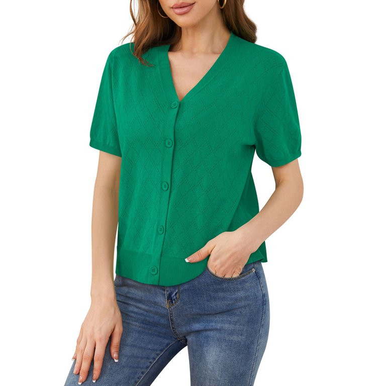 Uvplove Women's V Neck Crochet Knit Cardigan Short Sleeve Open Front Button Down Hollowed Out Sof... | Walmart (US)