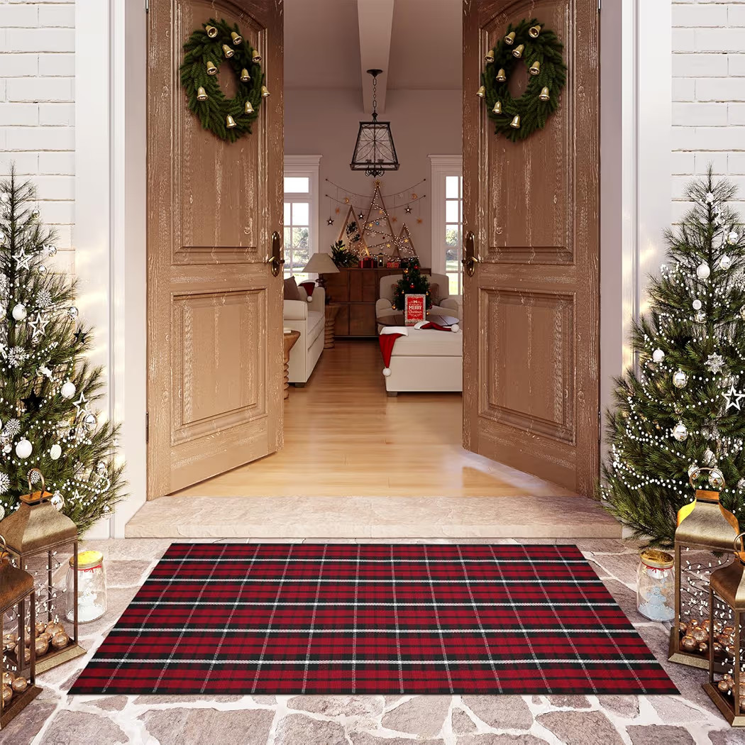 OJIA Washable Outdoor Rug 3'x5', Christmas Door Mats Outdoor Area Rug Red Plaid Rug Entryway Rugs... | Amazon (US)