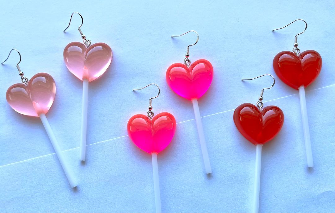 Large Heart Lollipop Dangle Earrings, Valentines Day Earrings, Red Heart Earrings, Pink Heart Ear... | Etsy (US)