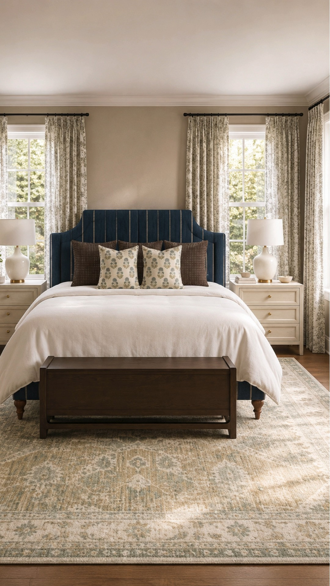 I love bedrooms that feel bright, layered, and quietly collected without feeling overly formal. The soft ivory bedding, warm walnut tones, classic rug, and deep blue headboard create such a timeless designer-inspired look that feels restful year round.

cozy bedroom inspiration, warm transitional interiors, navy bed styling, layered neutral bedding, vintage style rug, warm wood bedroom furniture, collected bedroom aesthetic, elegant neutral decor, traditional modern bedroom, cozy home styling, designer inspired interiors, calm bedroom retreat, timeless cozy bedroom, warm ambient interiors, classic bedroom inspiration, heritage inspired decor, layered bedroom textures, warm collected home, soft traditional interiors, cozy elegant bedroom 

 #LTKHome