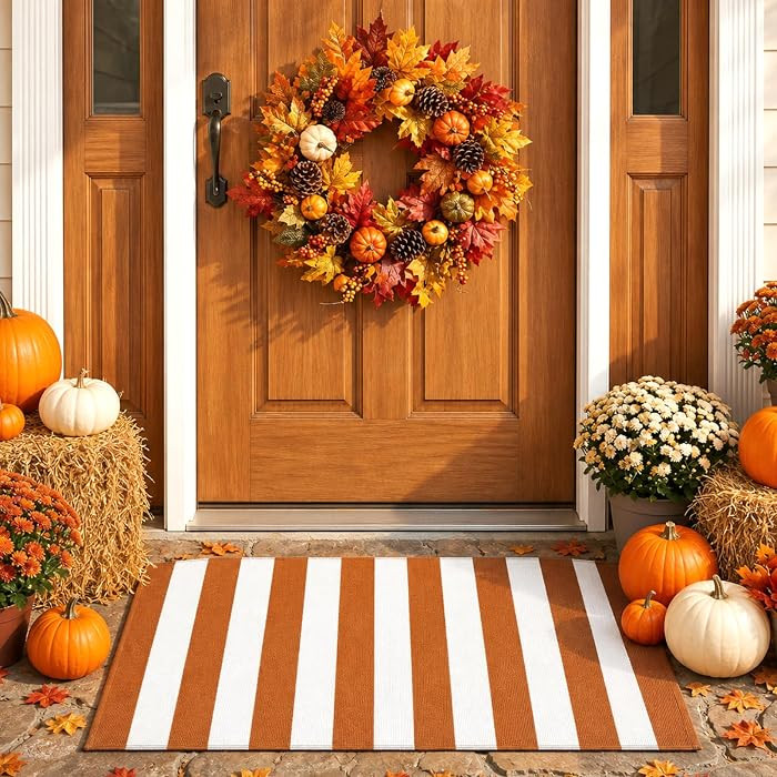 Fall Outdoor Rugs Front Porch 2' X 3' Rust Brown and White Striped Fall Area Rug Washable Farmhou... | Amazon (US)