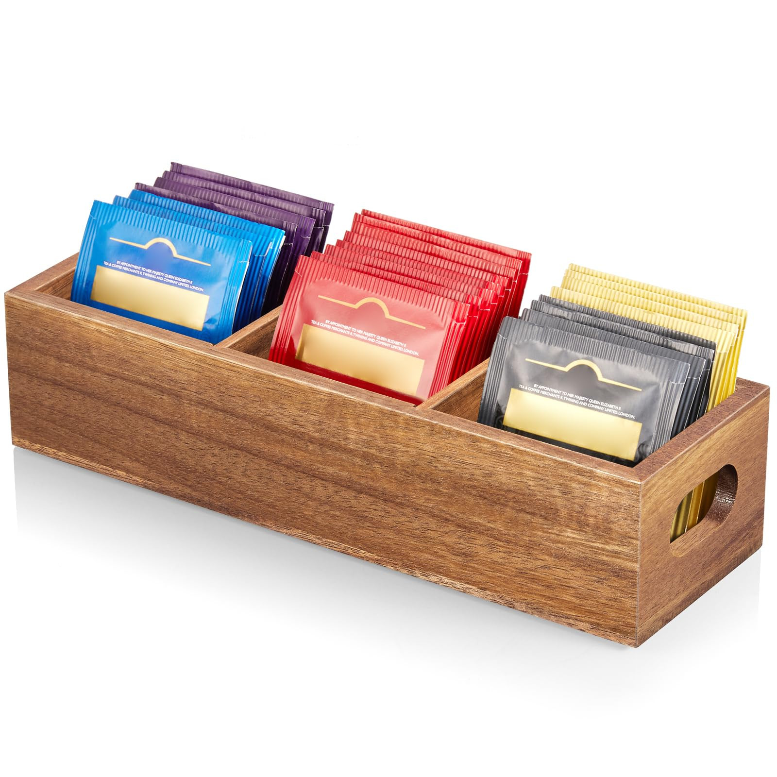 DRASTAR Tea Bag Organizer, Acacia Tea Bag Holder, Tea Storage Containers with 3 Slots, Wooden Tea Storage Accessories, Mini Tea Bag Caddy Box for Countertop | Amazon (US)