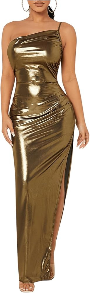 Floerns Women's One Shoulder Sleeveless Ruched Slit Hem Metallic Bodycon Long Dress | Amazon (US)