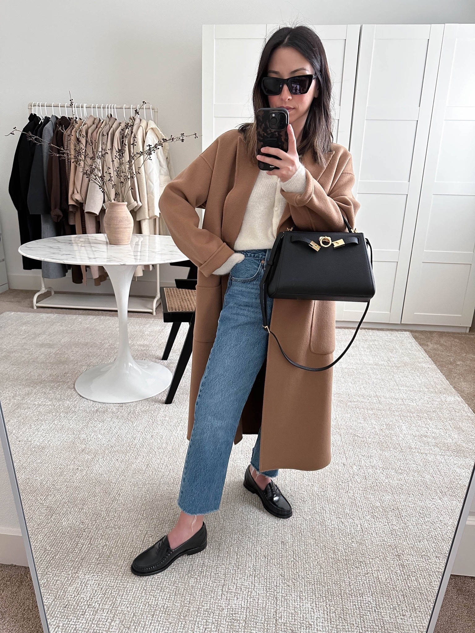 Easy mom outfit ideas. Love this simple cardigan from Sezane. 

Coat - Anine Bing xxs
Sweater - Sezane xs
Jeans - Levi’s 25
Loafers - J.crew 5. Run big. 
Bag - Parisa Wang
Sunglasses - YSL Mica 

Petite style, tonal style, neutral outfit, capsule wardrobe, minimal Style, street style outfits, Anine Bing Dylan coat, loafer outfits, jeans, holiday outfits 

#LTKSeasonal #LTKitbag #LTKshoecrush