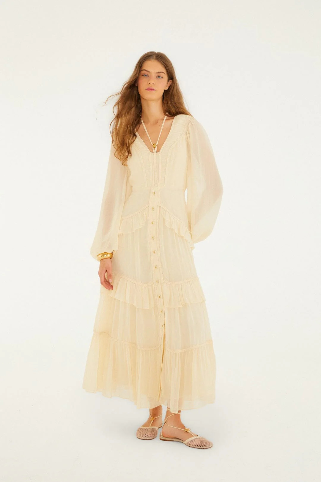 Butter Yellow Ruffled Buttoned Maxi Dress | FARM Rio | Farm Rio UK