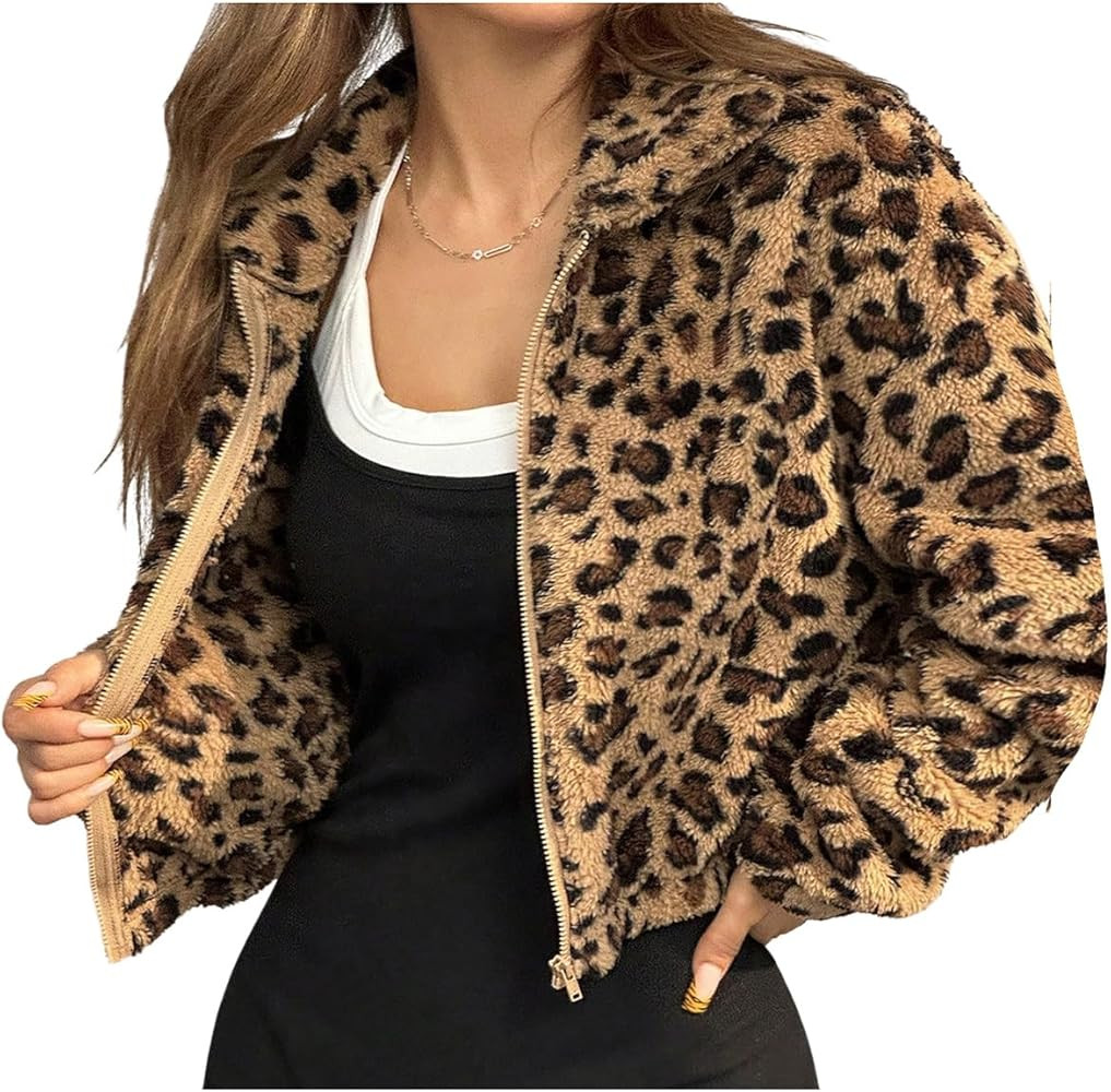 MakeMeChic Women's Faux Fur Jacket Leopard Print Fuzzy Full Zip Long Sleeve Y2k Coats | Amazon (US)