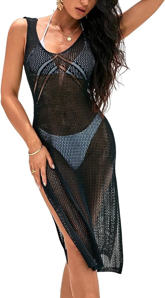 CUPSHE Women Crochet Swimsuit Cover Up Sleeveless Hollow Out Long Swim Coverup 2024 Split Mesh Be... | Amazon (US)