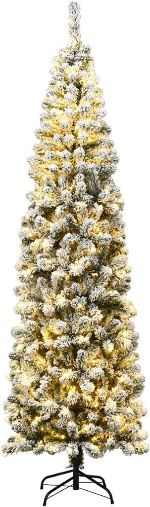 Goplus 7.5FT Artificial Snow Flocked Christmas Tree, Pre-Lit Hinged Pencil Tree with 350 LED Ligh... | Amazon (US)