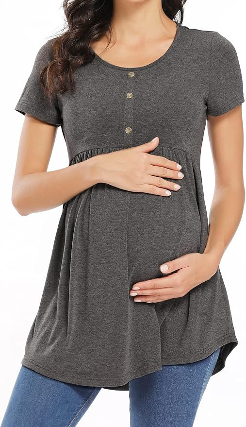 POSHGLAM Women's Maternity Top Shirts Round Neck Ruched Pregnancy Clothes with Button Accent | Amazon (US)