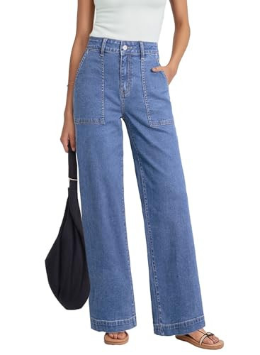 Dokotoo Wide Leg Jeans Woman Trendy Casual High Waisted Stretchy Womens Pants Straight Leg Loose Fit Colorblock Baggy Jeans Pocket Trousers Denim Pants Sky Blue | Amazon (US)