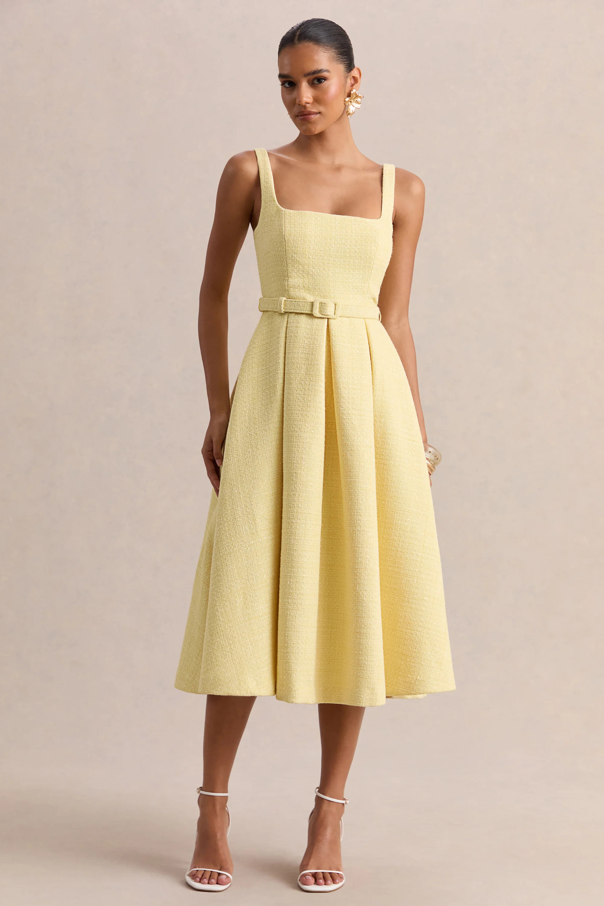 Camoria | Lemon Boucle Square-Neck Midi Dress | Club L London