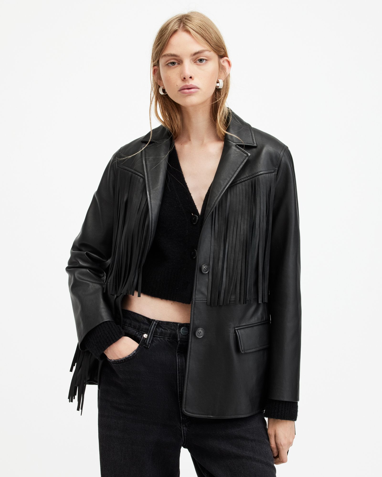 Corinna Tassel Leather Blazer Black | ALLSAINTS | AllSaints UK