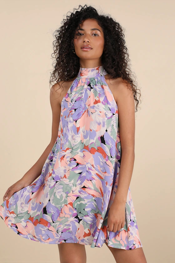 Tied Back To You Lavender Multi Floral Print Mini Shift Dress | Lulus