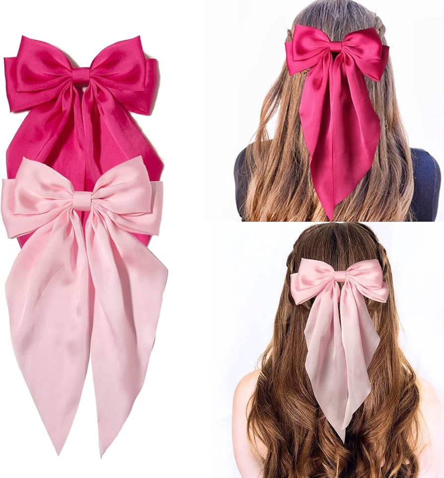 2pcs Hair Bow Clips for Women Large Satin Hair Bows Long-Tail Alligator Clips Big Hair Bow Girls ... | Amazon (US)