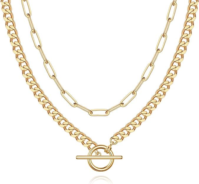 MJartoria Layered Gold Necklace for Women, 14K Gold Plated Trendy Dainty Chain Necklace, Snake Ch... | Amazon (US)