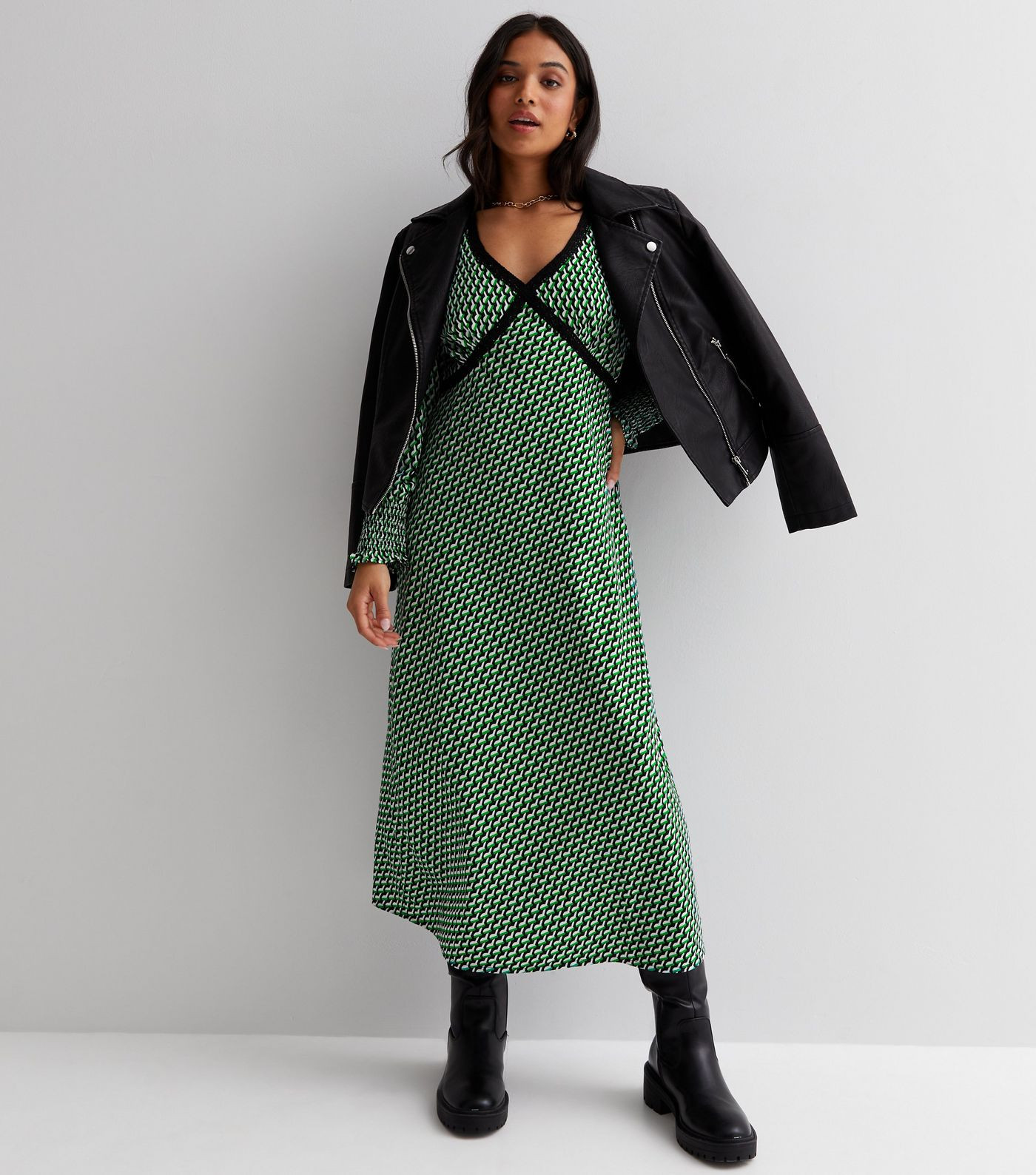 Petite Green Geometric V Neck Long Sleeve Lace Trim Midi Dress
						
						Add to Saved Items
		... | New Look (UK)