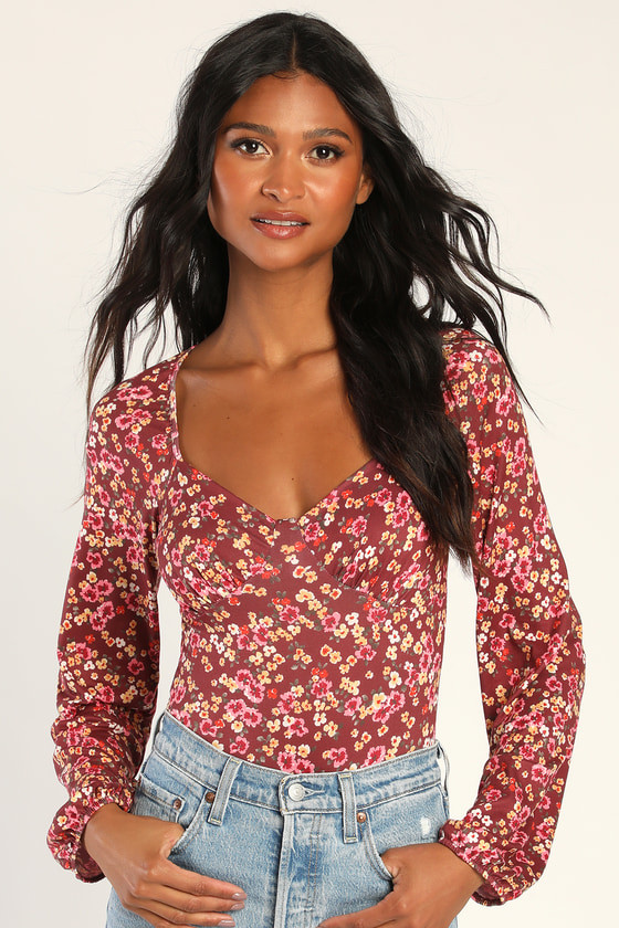 Blossom Beauty Burgundy Floral Print Long Sleeve Bodysuit | Lulus (US)