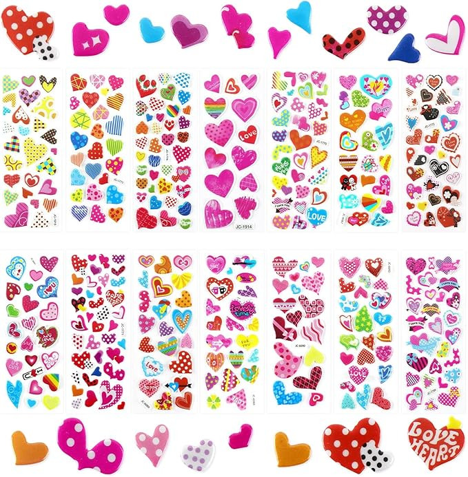 UPINS Valentine Stickers, 14 Sheets Over 500pcs Heart Stickers for Kids, Cute Puffy Colorful 3D V... | Amazon (US)