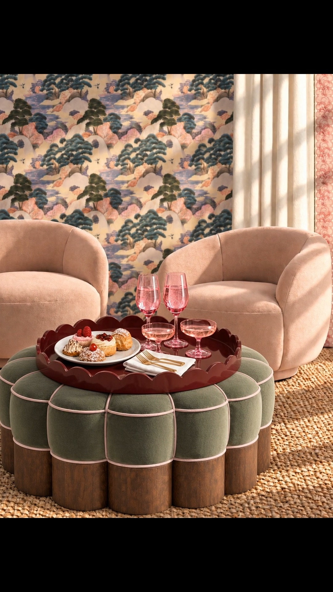 Friday late afternoon, cocktail moment. 🍸 Comfy blush lounge chairs invite you to unwind, while a floral-shaped ottoman brings personality and whimsy with moss-green upholstery, pale pink piping, and a sculptural wood base. Scenic wallpaper sets a playful backdrop for cocktails and sweet bites in the afternoon sun.

#FridayMood #CocktailMoment #LoungeChairs #Ottoman #CoffeeTable #Wallpaper #Curtains #JuteRug #ServingTray #PinkGlassware #Tablescape #TableTalk #Entertaining #LivingRoom #HomeDecor

#LTKHome #LTKdayinmylife #LTKHome #LTKSaleAlert