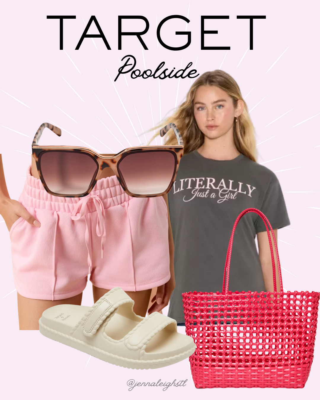 Poolside and ready for sunshine ☀️ Easy shorts, a graphic tee, sunnies, sandals, and a beach tote for a laid-back summer look. 

 #LTKootd #LTKSeasonal #LTKMidsize