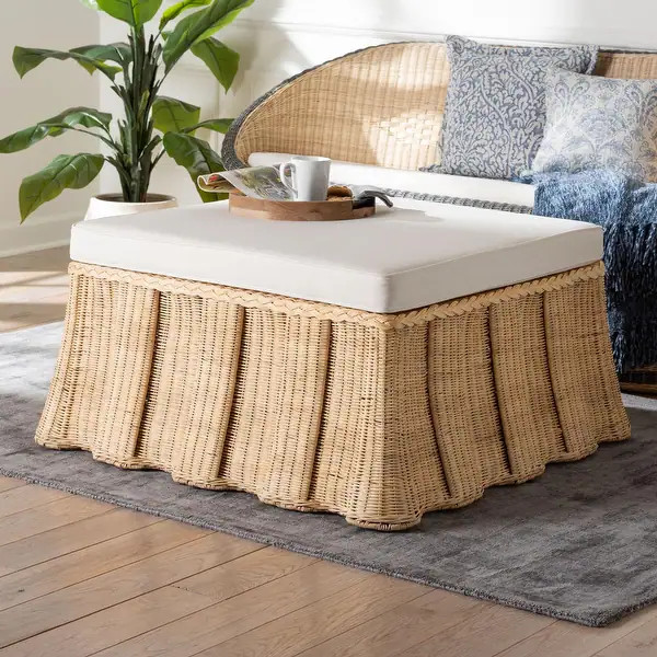 Rotem Natural Rattan Ottoman with Cushion - Handwoven Wicker Pleated Skirt Accent Coffee Table or... | Bed Bath & Beyond