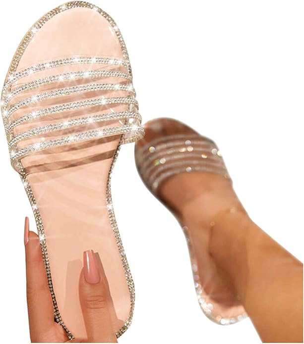 HIRIR Womens Glitter Bling Slide Flat Low Wedge Sparkle Sandals Crystal Slippers Beach Indoor Out... | Amazon (US)