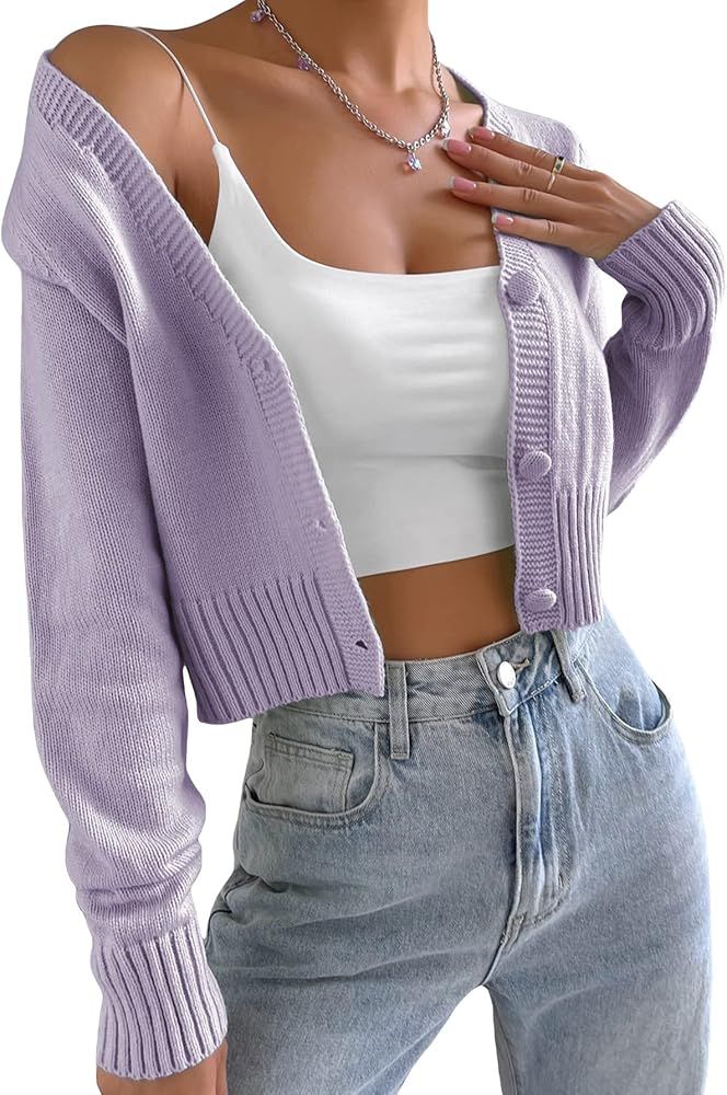 Verdusa Women's Button Front Long Sleeve Knitted Crop Cardigan Sweater | Amazon (US)