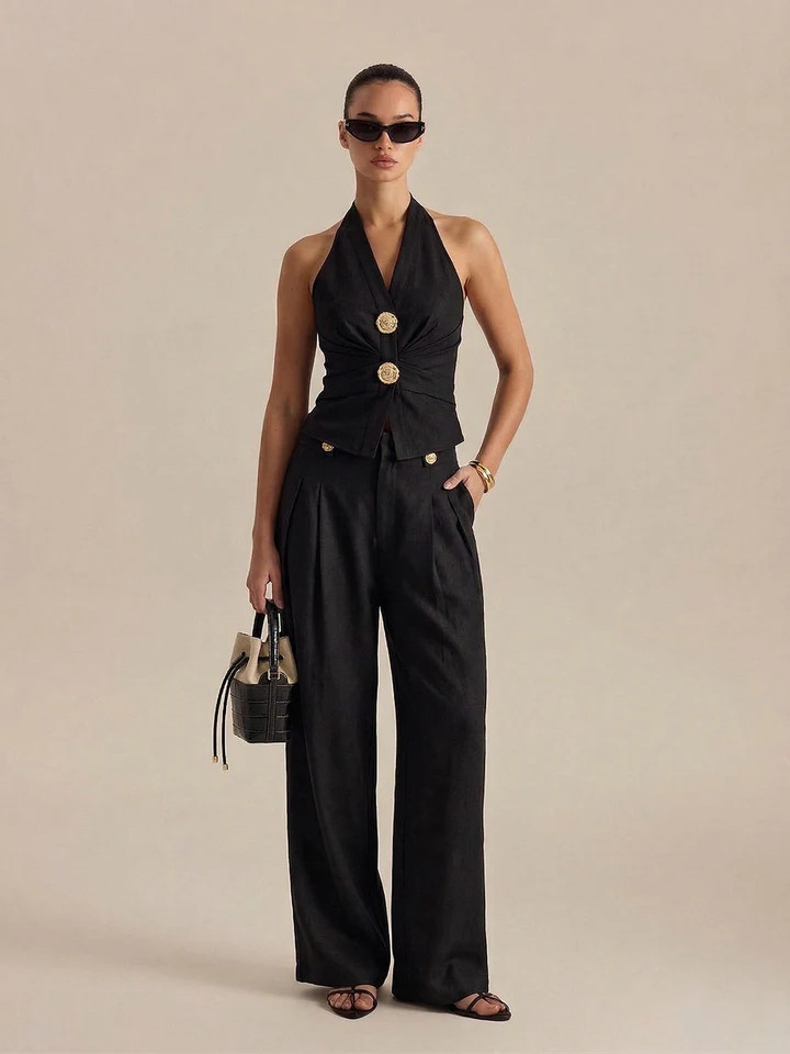 Linen Blend Halter Ruched Top & Pants Set | Commense