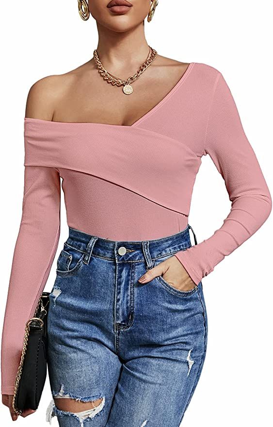 Women's Sexy Off The Shoulder Tops Long Sleeve Cross Wrap Ribbed Knit Tee Shirt Blouse | Amazon (US)