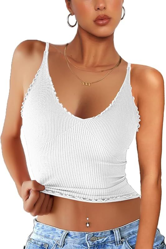 CHYRII Women 3 Pack Ruffled V Neck Cropped Tops Workout Basic Ribbed Camisole Tank Tops | Amazon (US)