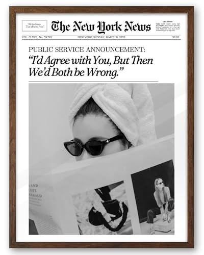 EcoHest Trendy Newspaper Framed Wall Art, 12x16 in OAK Wood Walnut Color Cool Girl Canvas Art, Magazine Bar Cart Print College Dorm Decor, Set of 1 for Bedroom Living Room | Amazon (US)