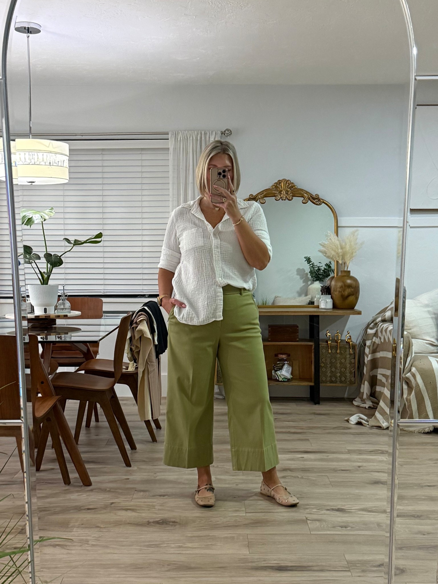 What I Wore to Work 

Top is from J. Crew Factory but I also found a similar version from Target. I’m wearing a medium and would recommend sizing down at both retailers, unless you want the oversized fit. 

I use my stitch gun to open up the collar to give a more “chic” look. 

These have quickly become time of my favorite pants. The Spanx wide leg twill pants. I’m wearing a large and they fit tts. I am wearing a petite (I have a short inseam) They’re currently on sale! 

Shoes are older from Target but I’ll link up some similar options. 

Earrings, bracelet, evil eye ring: 
Melinda Maria 
Use code LEEANN for 10% off your order. 

Workwear, office style, casual office attire, summer style, summer pants, gauze button up, 

#LTKFindsUnder100 #LTKStyleTip #LTKWorkwear