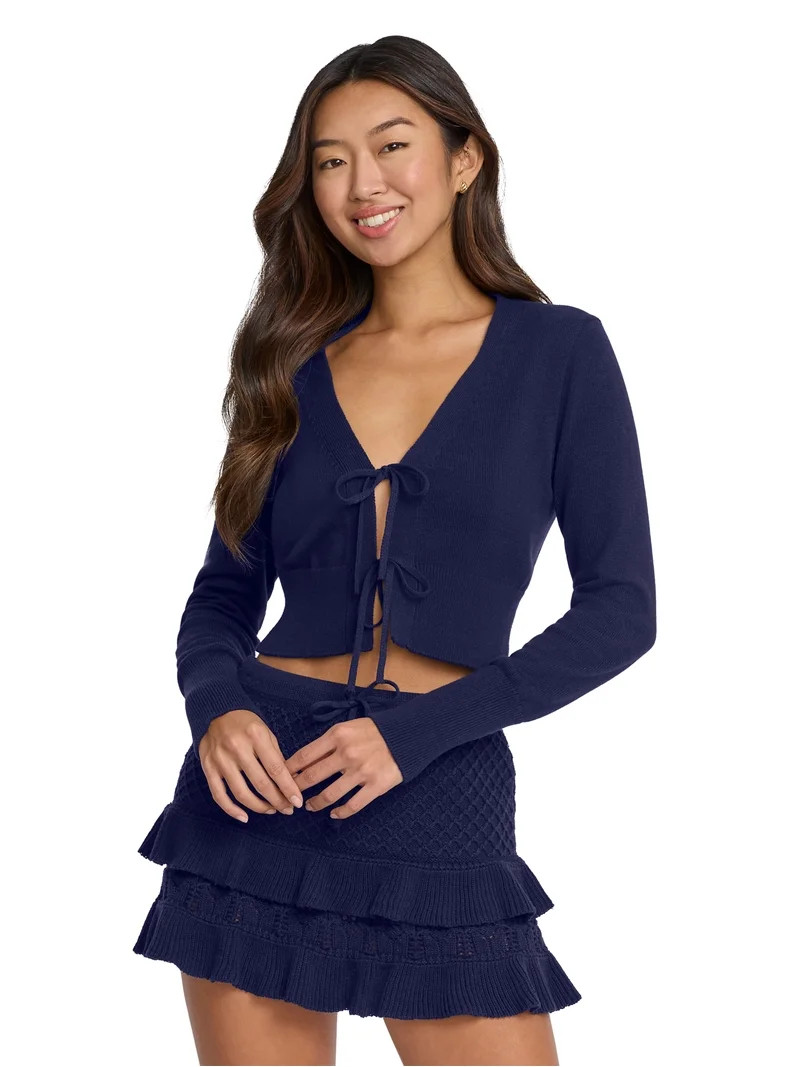 Mills by Millie Bobby Brown Women's Long Sleeve Crop Tie Front Sweater, Sizes XXS-XXL | Walmart (US)