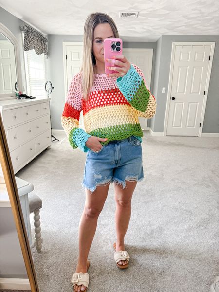 Summer outfit, pink lily style, crochet sweater, rainbow clothes, denim shorts, 
Xs sweater, small shorts


#LTKSeasonal #LTKstyletip #LTKfindsunder50