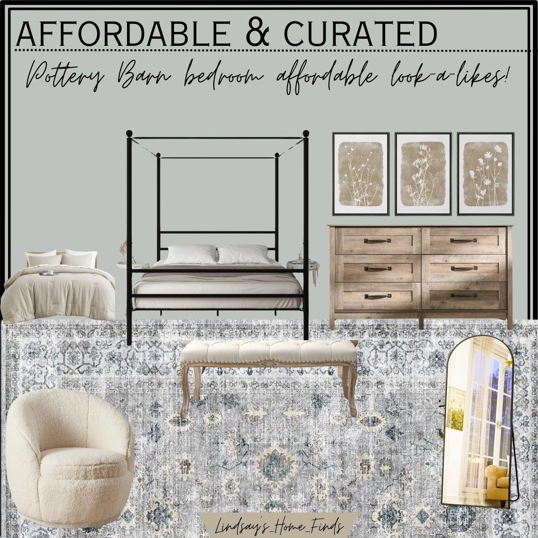 Entire bedroom look designed with Pottery Barn look-a-likes! Shop these affordable bedroom  home finds below 👇Bedroom furniture, canopy bedframe,canopy frame, canopy bed, wood dresser, Bedroom furniture, full length mirror, vintage rug, walmart rug, boucle swivel chair, Bedroom bench, bed bench, waffle comforter, bedding, wall art, Pottery Barn dupes, Pottery Barn Inspired, modern farmhouse home decor, modern farmhouse bedroom 

#LTKHome #LTKSaleAlert #LTKStyleTip