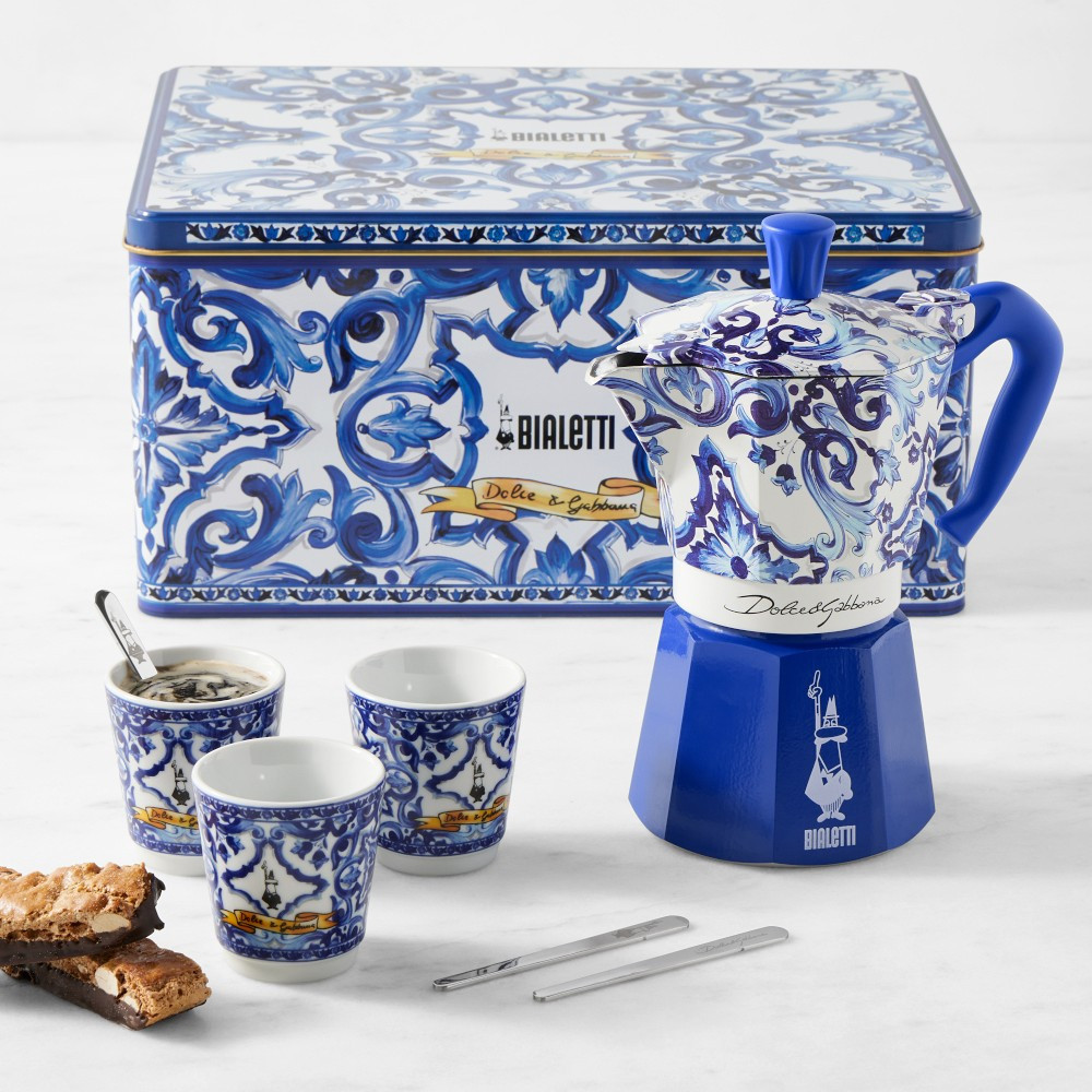 Bialetti Moka Dolce & Gabbana 6-Cup + 3 Espresso Cups & Stirrers Gift Set, Blu Mediterraneo | Williams-Sonoma
