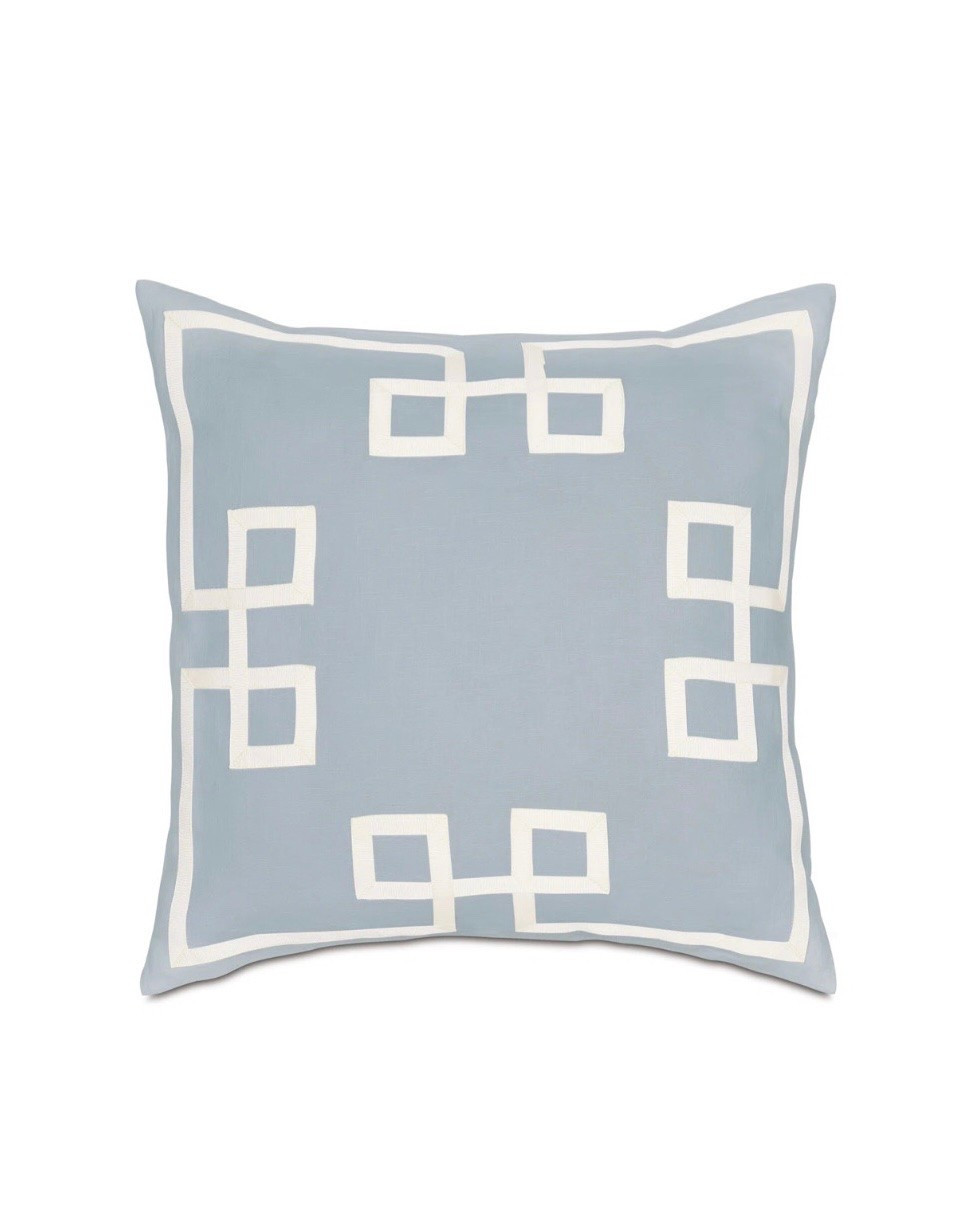 Fretwork pillow and bedding, duvet cover and shams, dusty blue and white pillow
