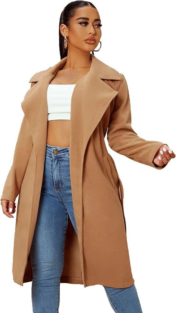 SheIn Women's Trench Coat Long Sleeve Lapel Open Front Belted Jacket Overcoat Outwear Cardigan | Amazon (US)