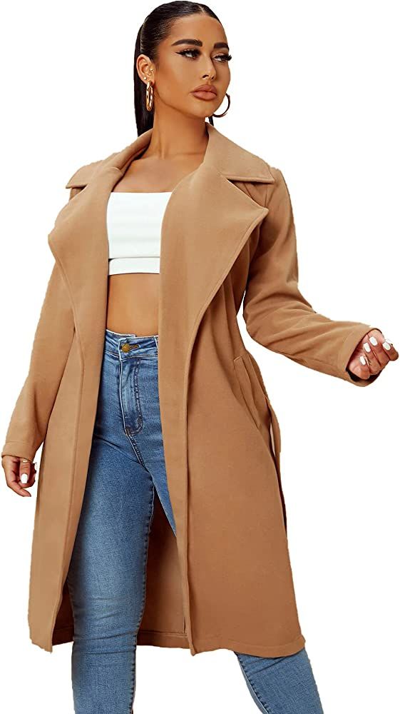 SheIn Women's Trench Coat Long Sleeve Lapel Open Front Belted Jacket Overcoat Outwear Cardigan | Amazon (US)