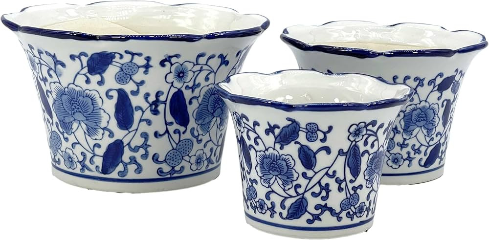 Set of 3 Blue & White Floral Porcelain Ceramic Decorative Flower Pot 8"/6"/4.5" Garden Pots w/ Dr... | Amazon (US)