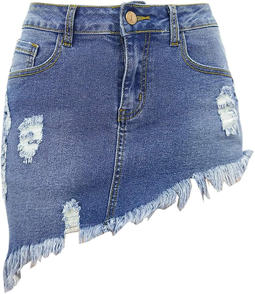 chouyatou Women's Stretch Fit 5-Pocket Irregular Frayed Hem Mini Denim Jean Skirt | Amazon (US)